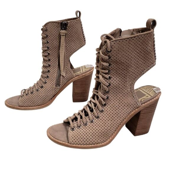 Dolce Vita Boots Womens 6.5 Tan Suede Peep Toe Perforated Block Zip Cutout Lace - Picture 2 of 7